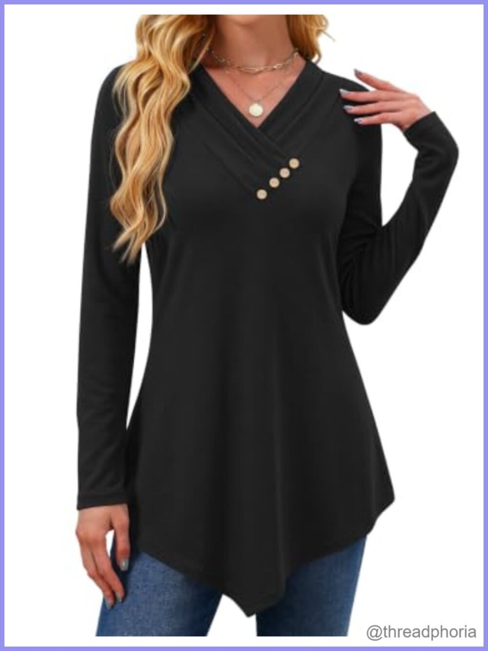 Womens Loose Fit Tunic Top V Neck Long Sleeve Asymmetric Hem Dressy Shirt